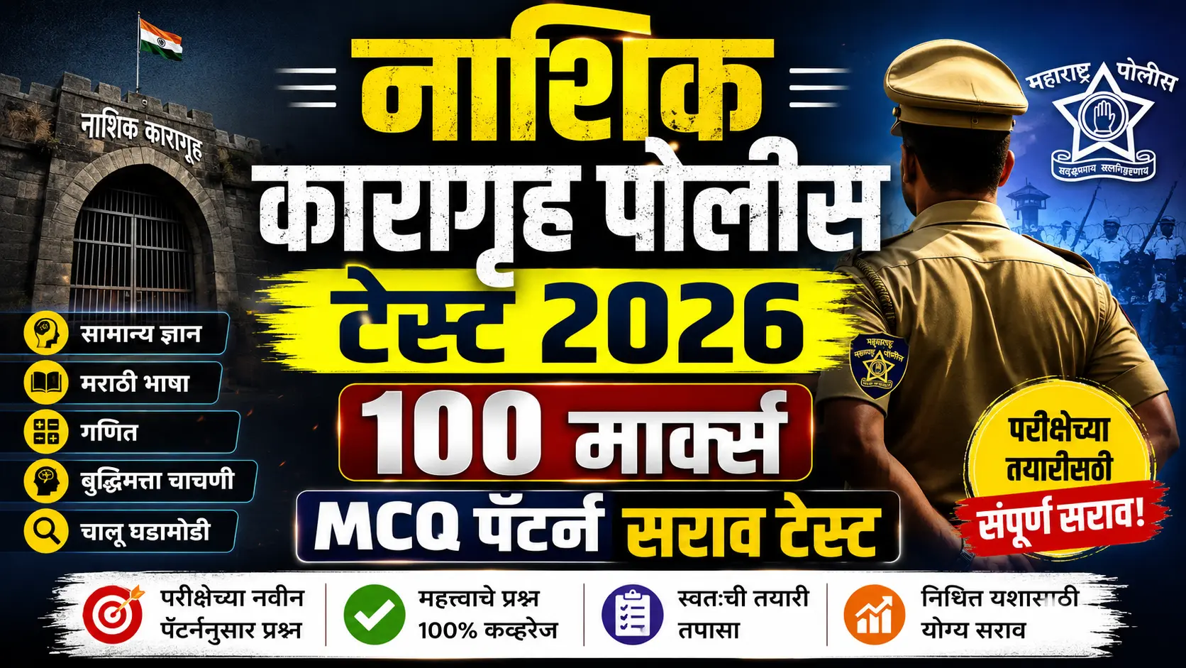 नाशिक कारागृह पोलीस भरती 2026 100 मार्क्स MCQ सराव टेस्टचे आकर्षक थमनेल